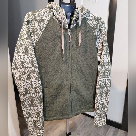 Cabela's Women Olive Green Fair Isle Patterned Sleeve Fleece Lined Full Zip Sz L - Picture 6 of 16